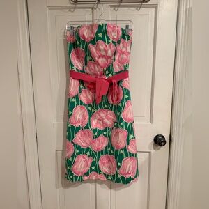 Lilly Pulitzer Pink and Green Floral Strapless Party Dress. Size 8
